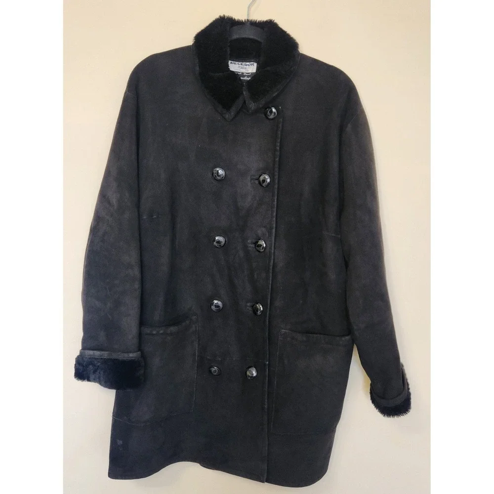 Begedor Italia Black Shearling Suede Coat Womens‎ Size 8 Double Breasted Vtg